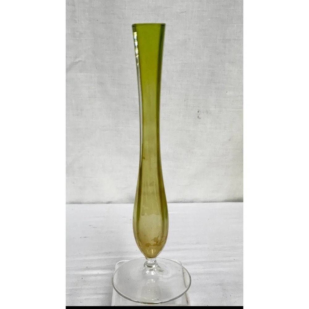 Val St Lambert Style Crystal Green Amber Flower Vase Elegant Decor Collectible